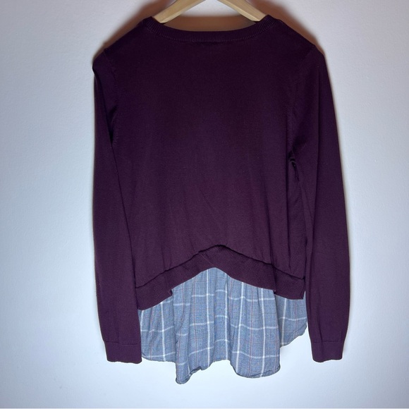 LOFT Maroon Crewneck Sweater with Plaid Shirt Tail Detail - Size Medium Cardigan - Picture 3 of 5